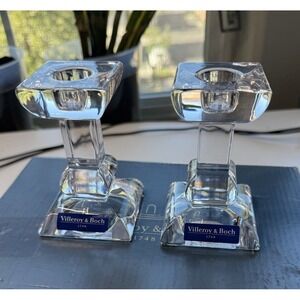 Villeroy & Boch Pair 4" Heavy Crystal Taper Candle Holders Square Base